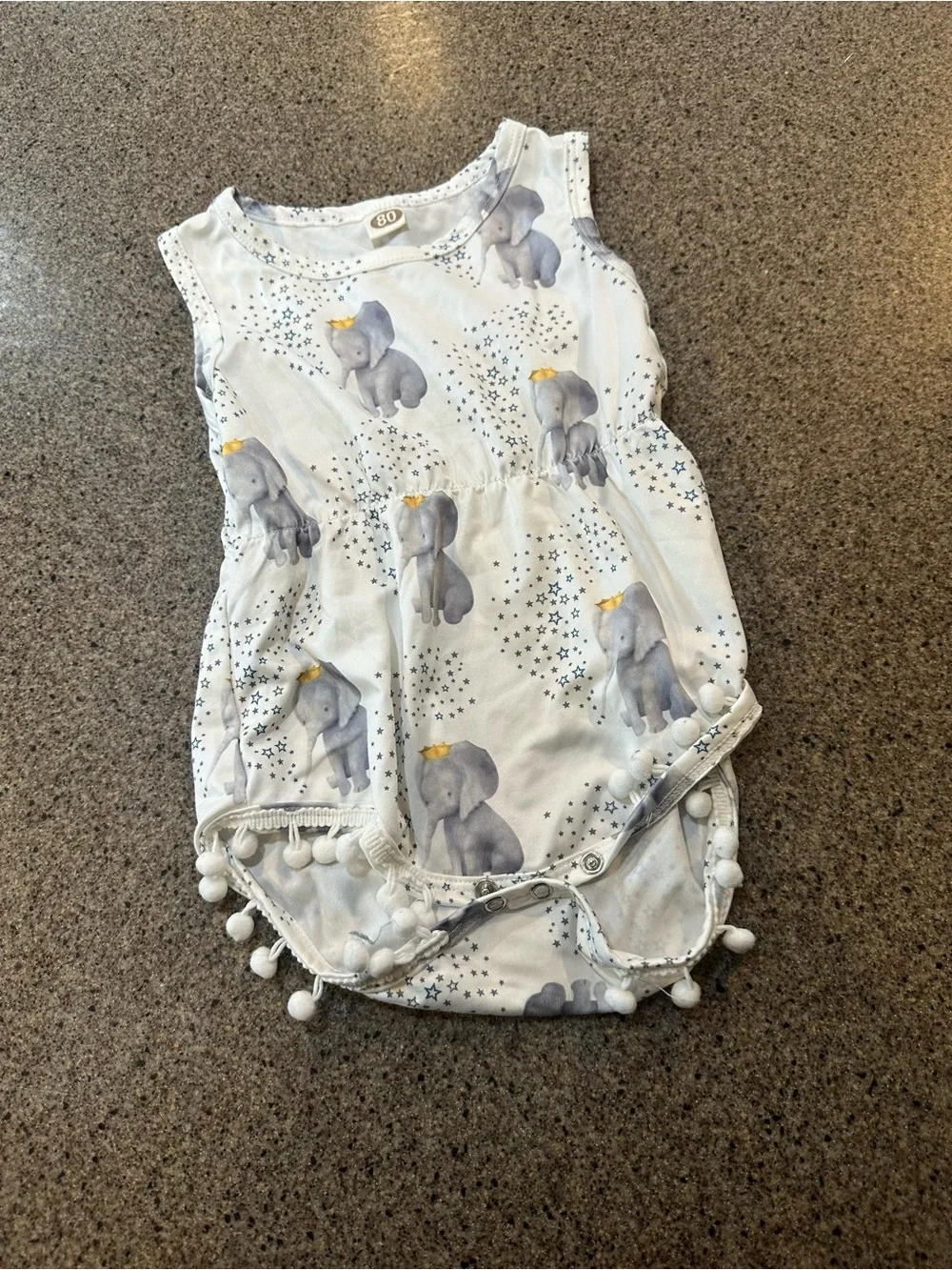 White Baby Romper with Gray Elephant Print